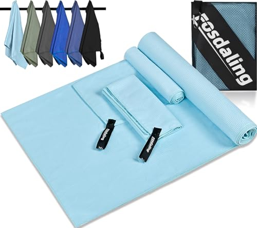 Fosdaling 3er Set Mikrofaser Handtuch: Groß 160×80cm & 2 Klein 80×40cm, Schnelltrocknend Microfaser Sporthandtuch, für Badetuch, Reisehandtuch, Fitness & Sport Handtücher und Strandtuch (Hellblau)