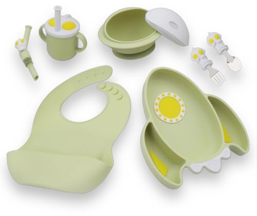 Silikon-Babygeschirr-Set - Rutschfester Teller in Raketenform mit Saugnapf, Schüssel, Lätzchen & Besteck - BPA-frei, Spülmaschinenfest - Grünes Ess-Set für Babys & Kleinkinder