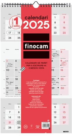 Finocam - Neutral väggkalender för att skriva i 3 månader för visning 2025 månad januari 2025 - december 2025 (12 månader) katalanska