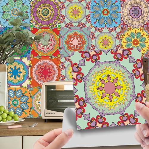Fliesenaufkleber Farbige Blumen Selbstklebende Klebefliesen, Wandfliesen Aufkleber,Wasserdicht Fliesensticker Fur Kuche Badezimmer Dekorative Stickerfliesen,Wohnzimmer Dekoration15X15Cm