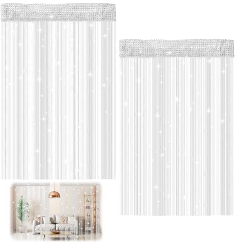 DAWRIS 2 Stück Fadenvorhang Set, 100 X 200 cm Fadenvorhang Glitzer Silbergrau Fliegenvorhang Balkontür Kürzbar Türvorhang Fransenvorhang für Hochzeit, Café, Restaurant, Türen, Fenster