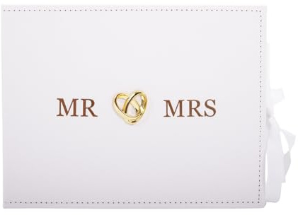 Happy Homewares Beautiful White Ivory Suede Wedding Guest Book Holding 40 Sheets with Gold Hearts | MR & MRS in Gold Foil | Customise Wedding Day Info