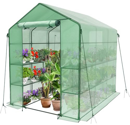 VOUNOT® Invernadero de Jardín 143x215x195 cm Vivero Casero Plantas Cultivo con Puerta Enrollable y Ventana, Invernadero Huerto Caseta de Jardín 12 Estantes para Plantas Macetas Flores, Verde