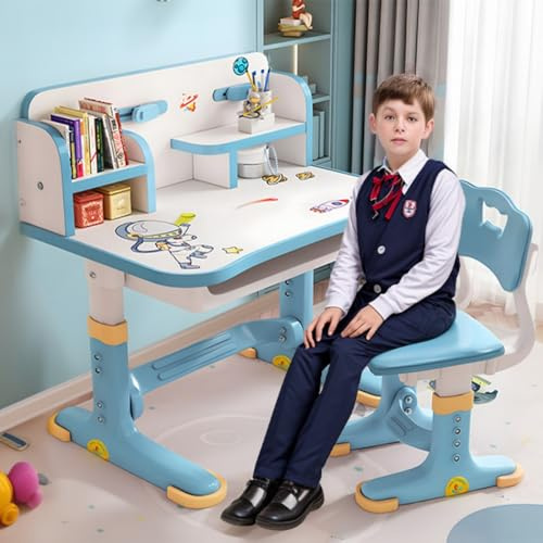 Kinder Schreibtisch und Stuhl Set, höhenverstellbar Kinder Studie Tisch Stuhl Set mit Astronaut Muster, Ergonomische Schreibtischstuhl mit großen Schreibtafel, Bücherregal und Schublade (Blau B)