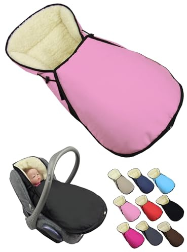 BambiniWelt Vinteråkpåse för babyskål – kompatibel med Maxi Cosi grupp 0+ – tillverkad av lammull, justerbar och tvättbar – åkpåse för bilbarnstol med 3-punkts bältessystem, färg: rosa