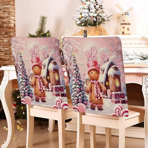 Hiseng Weihnachten Stuhlhussen Rosa Stuhlrückenbezug 2/4/6/8er Set, 58x49cm Schutzhülle Baumwoll-Leinen Weihnachten Dekoration für Esszimmerstühle, Party (8er Set,Lebkuchenmann 8)