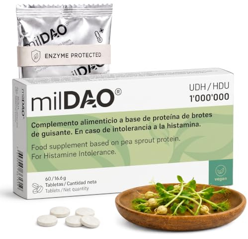milDAO® Vegan DAO Enzym 1.000.000 HDU pro Tablette – 60 Tabletten | 100% pflanzlich, mit Katalase, magensaftresistent, ENZYME PROTECTED™, Halal-zertifiziert, aus Erbsensprossen