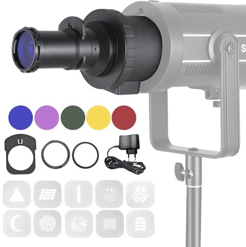 Andoer Snoot cónico óptico con soporte Bowens para fotografía, flash de proyector, snoot de modelado, accesorios de iluminación con 5 filtros de color, 10 tarjetas gráficas