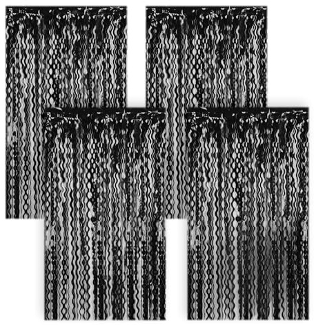 4 Stück Lametta Vorhang Glitzervorhang Lametta Glitzer Vorhang Schwarz Geburtstag Party Vorhang Fotovorhang Schwarz Geburtstagsdeko Party Glitzer, Geburtstag Deko Party Dekoration(1 m x 2 m) (Schwarz)