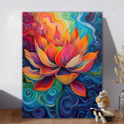Malen Nach Zahlen Erwachsene Abstrakt, Malen Nach Zahlen Kinder, DIY Kreativ Set für Frauen mit 3-Pinseln und Acrylfarbe Kit, Paint by Numbers Lotus für Aesthetic Room Decor, Ohne Rahmen 100x130cm C-9