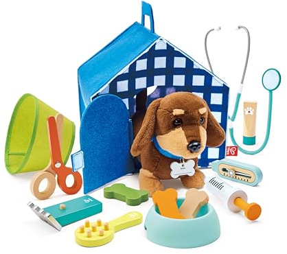 Hape Tierarzt-Set - Interaktiver Hund mit tragbarer Hundehütte, Tierarzt Spielzeug und Rollenspiel für Kinder, viel Zubehör, Lernspielzeug für Kinder ab 3 Jahren