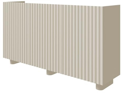 Selsey Kommode Fiorra 84×144×38,8 cm – Grau-Beige Sideboard mit Push-to-Open, 3 Fächer, modernes Design, ovale MDF-Füße (12 cm), ideal für Esszimmer, Kaschmir