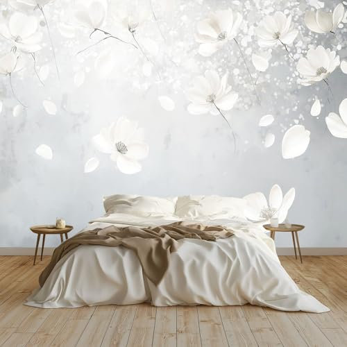 Wallpaper Carta Da Parati Murale Effetto 3D Fiori Bianchi In Rilievo Fotomurali Sfondo Murale 350x256 cm Moderne Decorazione Soggiorno Camera De Letto Sala Ufficio, Grigio