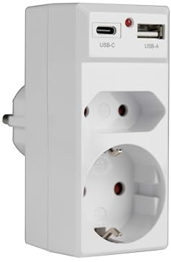 Ladesteckdose Multistecker Adapterstecker Schutzkontakt mit USB A+C Verteiler Mehrfachstecker 2-Fach 1 Schuko and 1 Euro Steckdosen senkrecht Weiss (85318)