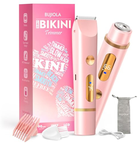 BUJIOLA 2025 Upgraded Bikini Trimmer for Women, Dual-Head Shaver with LCD Display, Ceramic-Blade Pubic Hair Trimmer, IPX7 Waterproof Wet & Dry Shower Shaver, Travel-Ready Gift Pouch (Light Pink)