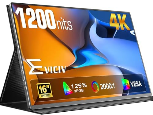 EVICIV 16 4K Portable Monitor, 1200 Nits UHD for Laptop/PC/Console | 3840x2400 UHD 16:10, 125%sRGB 2000:1 CR, FreeSync, VESA/Smart Cover/Speakers, USB-C/HDMI, Plug & Play Second Screen