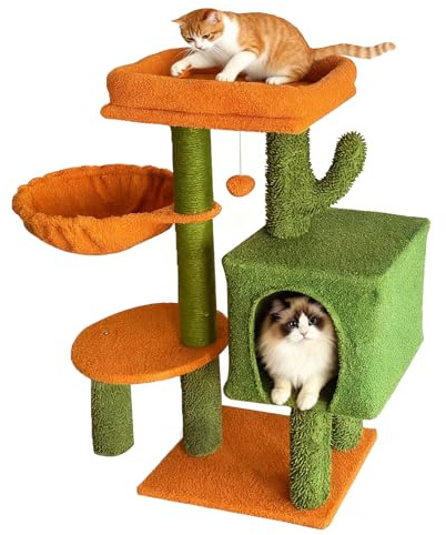 Cactus Cat Tree, Cute Cat Tower with Cozy Hammock, Removable Top Bed Perch, Condo, Scratching Posts, Natural Sisal Rope, Cat Toy Hanging Ball for Indoor Cats, Bright Green