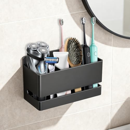 YUFFQOPC Toothbrush Holder for Bathroom, 3 Slot Aluminum Toothbrush Holder Wall Mounted with Drainage Holes,Electric Toothbrush Holders Self Adhesive for Toothbrush Toothpaste Razor(Black)