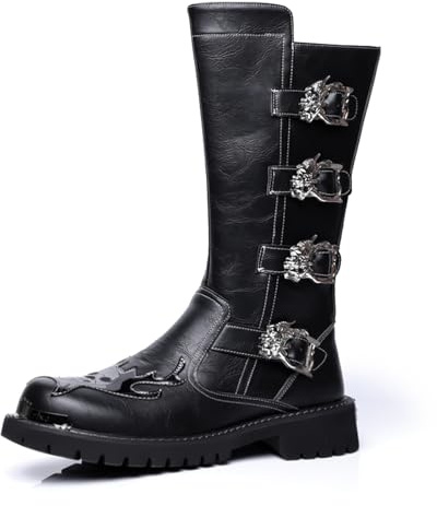 QAOTEROD Men's Leather Thick-Soled Non-Slip Motorcycle Boots Waterproof Thick-Soled Work Boots Suitable For Motorcycle Riding, Rock Concerts (black-555,9.5)