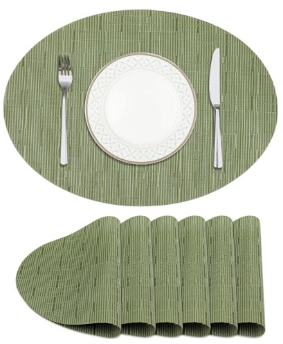Privalace Ovale Tovaglietta Americane Lavabili,Set di 6 Tovagliette in PVC Resistente al Calore,Non-scivolose per Natale Feste Cucina(Verde)