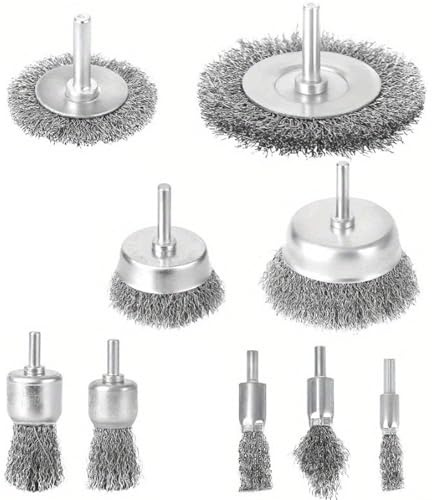 Juego de 9 cepillos de rueda de alambre de acero al carbono de alta resistencia, accesorios de taladro eléctrico para limpieza y pulido de superficies, juego de cepillos de alambre de acero