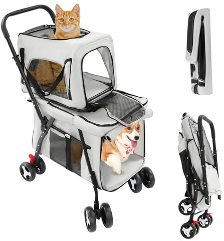 Dubbel hundvagn, 2 våningar hundvagn, vikbar husdjursvagn, hundbuggy med avtagbar transportbur, kattvagn med 4 st hjul, hundlåda upp till 7 + 15 kg (grå)