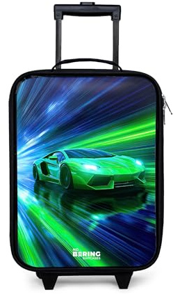 NoBoringSuitcases© Kinderkoffer Klein Reise Trolley Rollkoffer Kleiner | 48x31x19 cm - Kinder Koffer mit LED Rollen für Kind Suitcases Rennwagen - Hellgrün - Lichtstrahlen