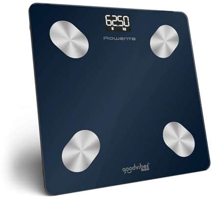 Rowenta Goodvibes Life+ 2.0, Bilancia con Schermo LED Facile da Leggere, Capacità 180 kg, Misura 15 Indicatori Corporei, Design Eleganti, Utenti Illimitati, Colore Wanted Blue, BR9720