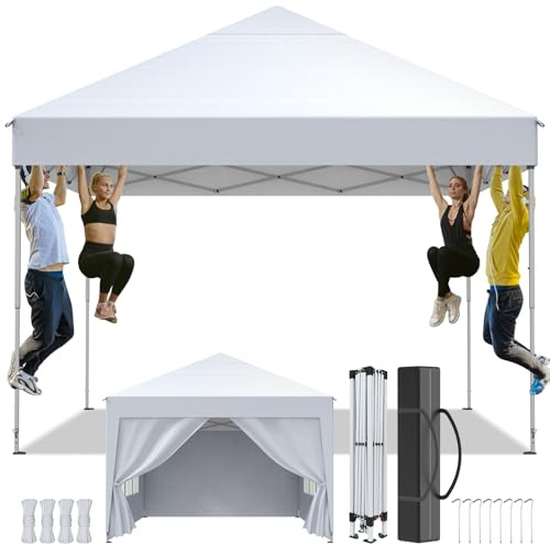 Pavillon 3x3m，Faltpavillon Wasserdicht，Winterfest，UV Schutz 50+，Stabil，Höhenverstellbar，Gartenpavillon mit 4 Seitenwänden、Tragtasche，Faltbar Partyzelt Gartenzelt für Outdoor Garten Party,Weiß