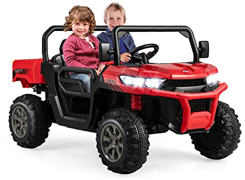 COSTWAY 12V Auto Elettrico per Bambini, Trattore Elettrico con Scatola di Scarico, Macchina Elettrica con Pala Telecomando e Musica, Regalo per Bambini 3-8 Anni, 3-8 km/h (Rosso)