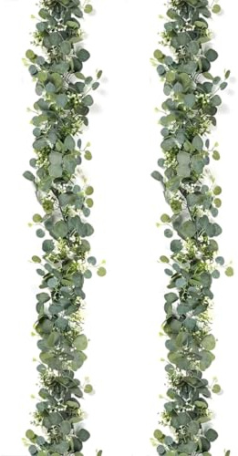KAFZEL 2 Pezzi Ghirlanda di Eucalipto Artificiale, Foglie finte, Decorazione di eucalipto, Foglie verdi, Decorazione con fiori bianchi, per matrimoni, feste