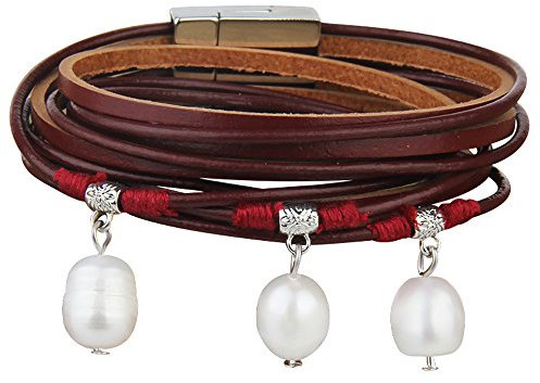 Cheerlife Damen Perlenarmband Echt Leder Perlen Wickelarmband Magnetverschluss Armband (Rot)
