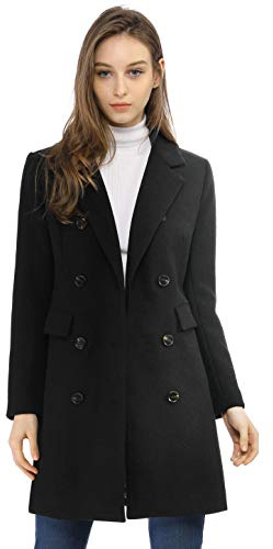 Allegra K Damen Langarm Wintermantel Umlegekragen Zweireiher Kammgarn Trenchcoat Mantel Schwarz M