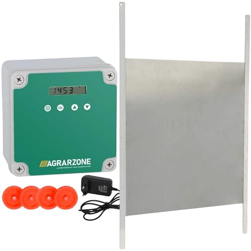 Agrarzone automatisk hönsdörr kycklingflik med skjutreglage 43 x 40 cm | Dörröppnare hönshus med timer och ljussensor | Nätdrift eller batteri | Kycklinghusdörr för säker kycklinghållning