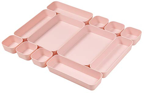Backerysupply Set Of 12 Pink Color Plastic Desk Drawer Organizers For Makeup Bathroom Office Kitchen Vanity Drawer Storage Box Container