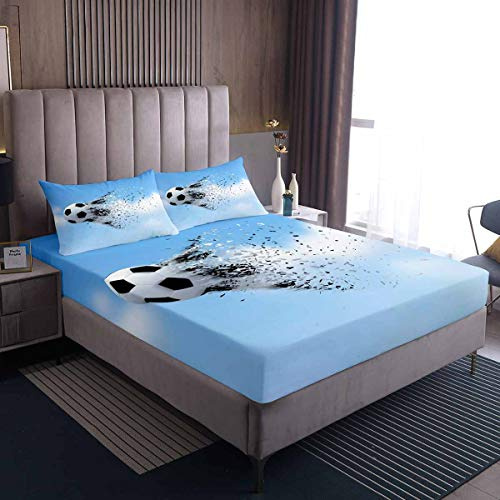 Set di biancheria da letto per ragazzecon sportivo, lenzuolo con angoli 3D a forma di palla set regalo per giocatore di calcio copriletto blu singolo 2 pezzi