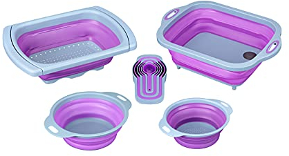 PurpleChef 10 PCS Collapsible Kitchen Silicone Over the sink Strainer, Colander, Mixing Bowl, Cutting Board, Measuring Cups Set