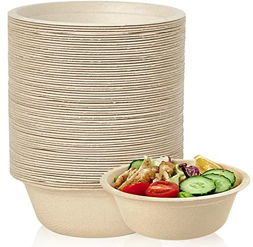 ECOLipak 150 Pack Compostable Disposable Paper Bowls, 16 OZ Biodegradable Bagasse Eco-Friendly Sugarcane Soup Bowls for Salad Wheat Flakes(Nature)