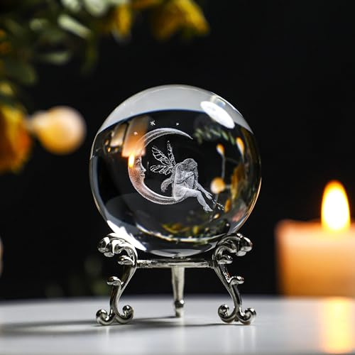 ZEERSHEE Bola de cristal 3D de 60 mm con soporte, adorno de luna láser de cristal y bola de hada, pisapapeles de cristal, decoración del hogar, manualidades con soporte de metal, regalos para mujeres