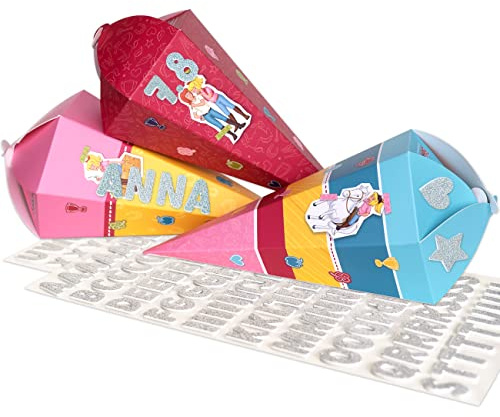 Papierdrachen 3 Printed School Cones for School - Small Sugar Bag for Sister and Brother - Bibi and Tina - Includes Decorative Foam Rubber Stickers