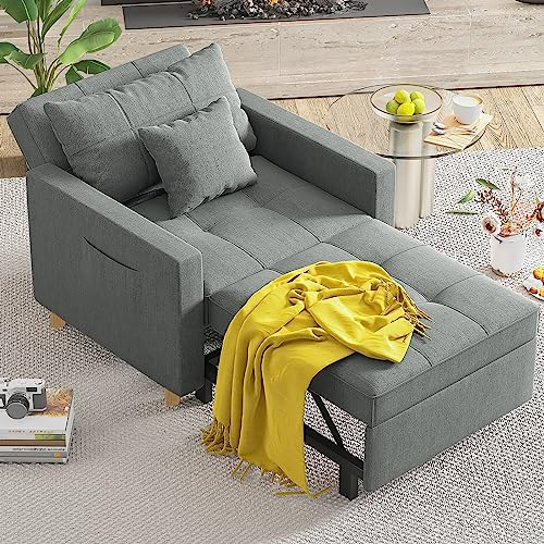 YODOLLA Schlafsessel, 3-in-1 Schlaferstuhl Ausziehbar Etten, Schlafsofa mit Seitentasche und Regulierbarer Rückenlehne für Erwachsene Sofa, Schwarzgrau