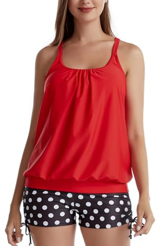 IHCEMIH Swimming Costume Women Tankinis Sets Push up Tummy Control High Waisted Modest Swimwear Swimsuits Bathing Suit Beach Wear Women's Two Pieces Blouson Tankini with Polka Dots Shorts Red L