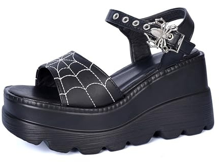 Gothniero Women Black Platform Sandals Gothic Wedge Summer Slippers Goth Buckles Slides Adjustable Straps Open Toe Sandals 3UK-8UK
