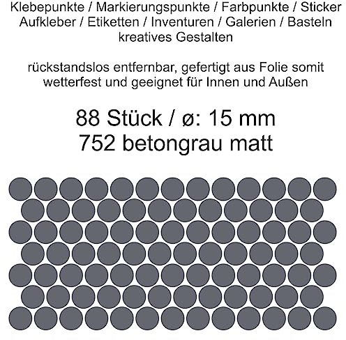 Aufkleber Etiketten Klebepunkte aus Folie 88 Stück grau betongrau matt rund 15 mm selbstklebend farbig wetterfest Decal Markierungen Organisieren DIY basteln verzieren Modellbau Scrapbooking
