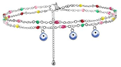 TOEECY Bracelet de Cheville Double Chaîne Amulette Portebonheur Perles Multicolores Charmes Bleus Bijou Estival