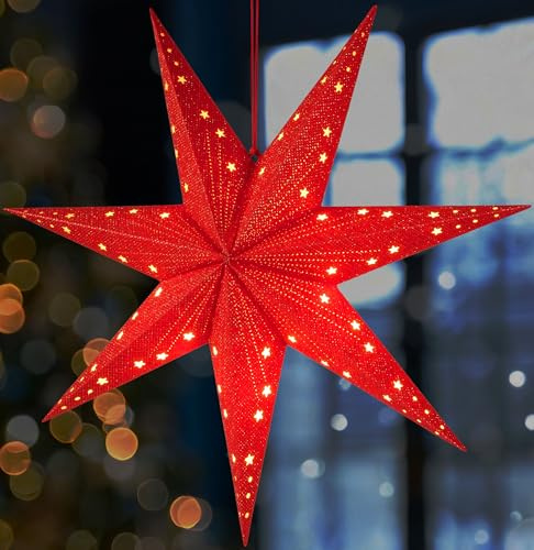 BRUBAKER Weihnachtsstern zum Aufhängen mit E14 Fassung - 60 cm Papierstern | 3D Adventsstern Set mit 3,5 m Kabel - Fenster Deko Leuchtstern Hängend - Rot