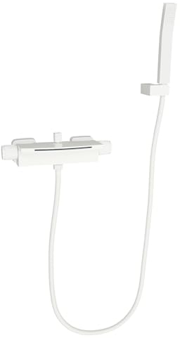 Sistema de ducha de lluvia con grifería, juego completo de ducha, juego completo de ducha, cascada, grifo de bañera montado en la pared, color blanco con ducha de mano y cabezal de ducha de acero