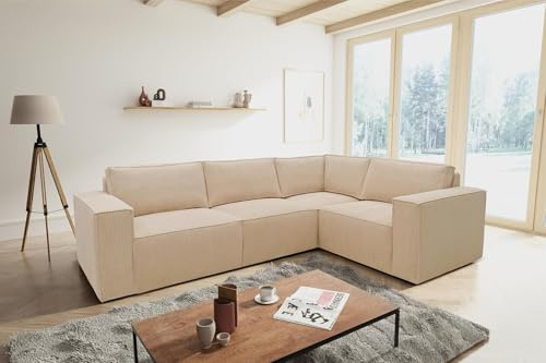DOMO. collection Sofa Portland, 2 Sitzer Links, Polstersofa, Cord Creme | 2 Sitzer links mit modernem Design, komfortables Polstersofa als flexible Wohnlösung, 277 x 197 x 84 cm (BxTxH)