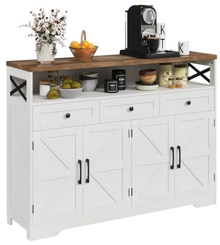 Befrases Farmhouse Buffet Cabinet with Drawers & Open Shelf, Sideboard Storage Cabinet, Kitchen Hutch Pantry, Wood Coffee Bar Station for Kitchen, Living Room, Hallway, 52 L White