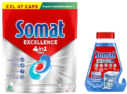 Somat 4in1 Caps 47 AW Excellence, schnellauflösende Spülmaschinentabs, Somat Caps für exzellente Reinigung & Glanz + Somat Duo Power Experten Intensiv-Maschinenreiniger 250ml